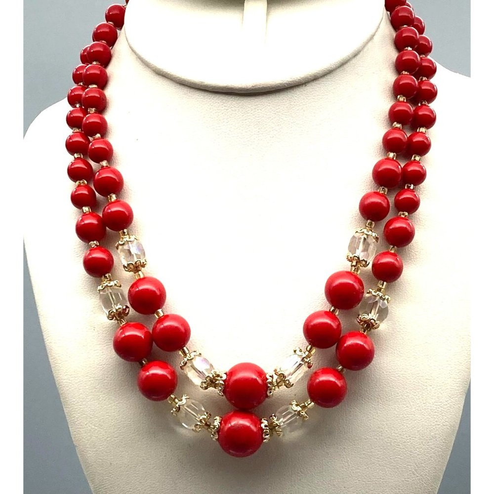 Vintage Japan Double Strand Choker, Bold Graduated Red Beads Necklace with Facet